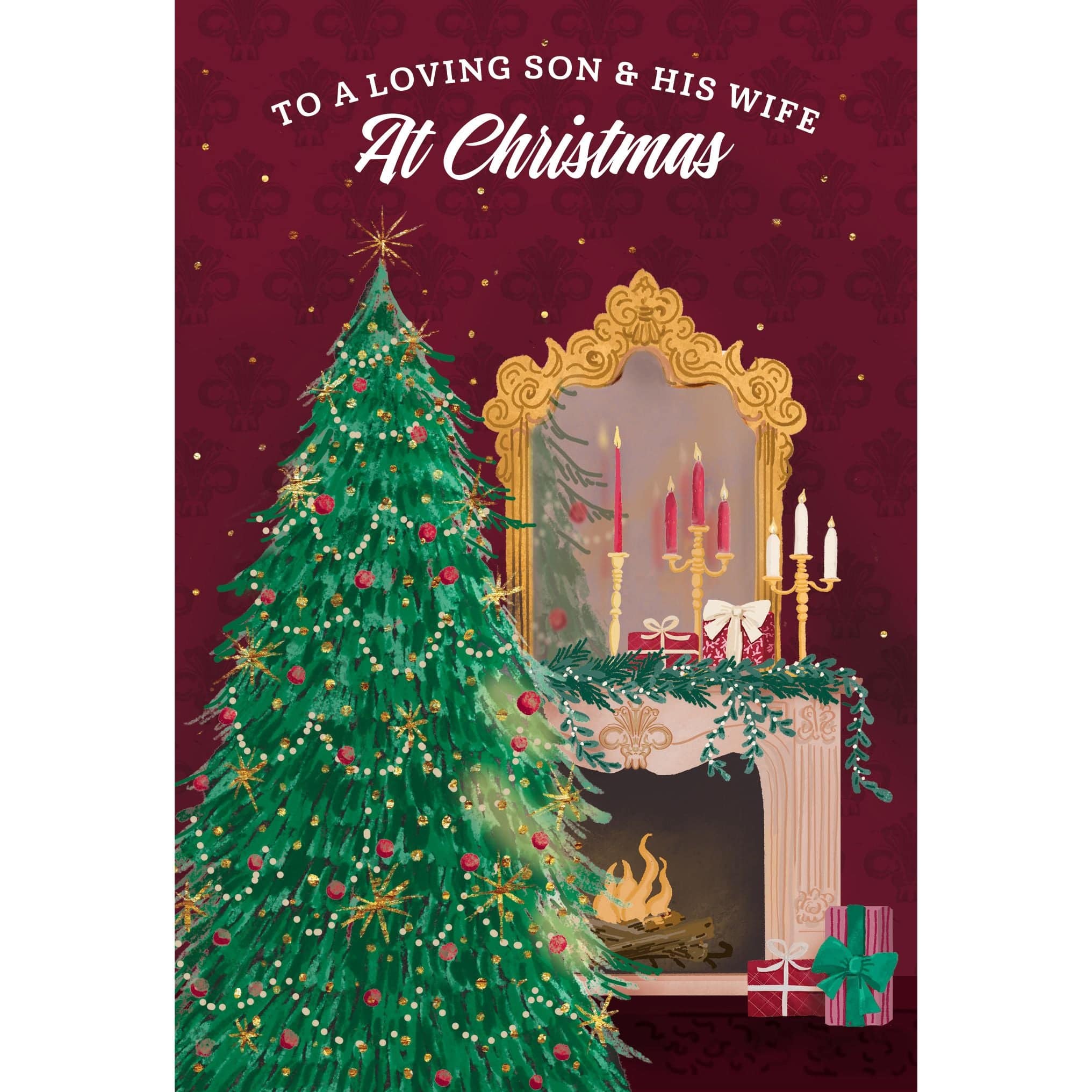 Pictura seasonal fireplace mantle Christmas card featuring a son and family scene with holiday decorations.